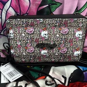 Ed Hardy Leopard Skull Print Wristlet - Pink and Black